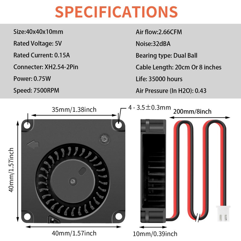 Wathai 2Packs Wathai DC Blower Fan 4010 Radial Cooling Fan 5V 2 Pin DC 40mm x 10mm Dual Ball - Image 2